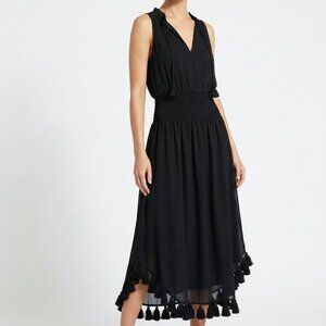 MISA Los Angeles Black Sleeveless Tassel Hem Midi Dress Medium Boho Chic